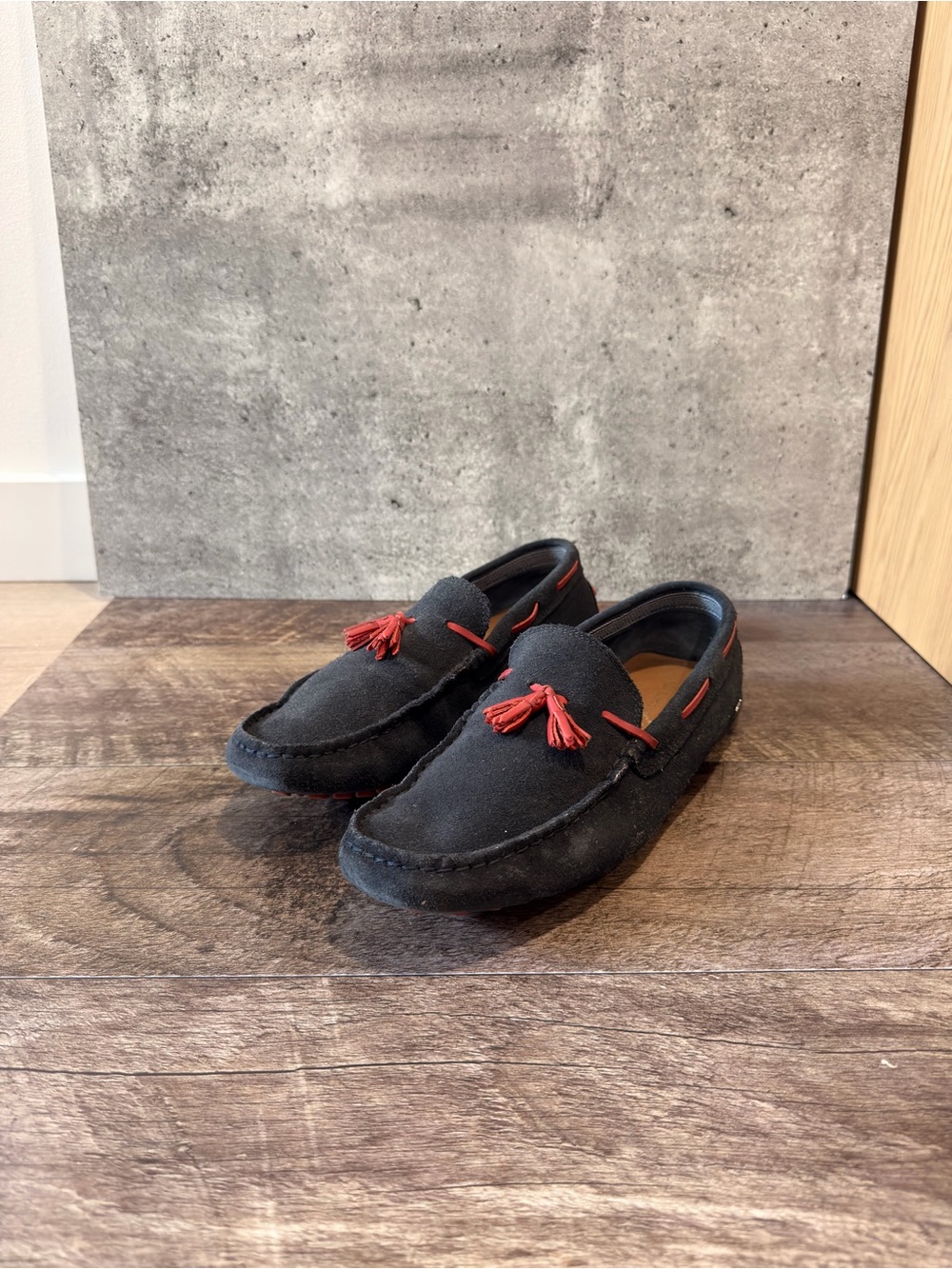 Lacoste Black Suede Tassel Loafers with Red Trim